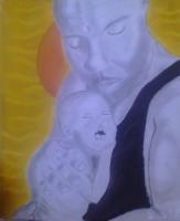 Father Like A Mother - Pencil And Oil On Paper Drawings - By Giddalti Ugo Chinye-Ikejiunor, Colour Splash Drawing Artist