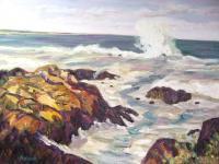 Marine Scene - Waves On Rocks On Maine Coast - Oil