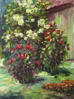 Roses In The Garden - Oil On Canvas Paintings - By Liudvikas Daugirdas, Impressionism Painting Artist