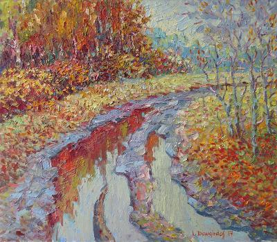 Landscape - Autumn Road - Oil  Cardboard