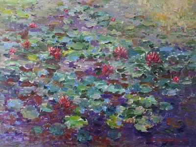 Pond - Water Lilies In The Deep Pond - Oil On Canvas