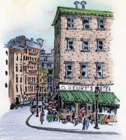 Village Nyc Ny - Mixed Media Drawings - By Anna Helena Fisher, Street Scene Drawing Artist