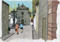 Street Scene Cordoba Spain - Mixed Media Drawings - By Anna Helena Fisher, Architectural Drawing Artist