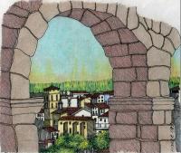 Segovia Spain - Mixed Media Drawings - By Anna Helena Fisher, Street Scene Drawing Artist