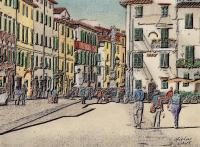 Piazza San Francesco Lucca Italy - Mixed Media Drawings - By Anna Helena Fisher, Landscape Drawing Artist