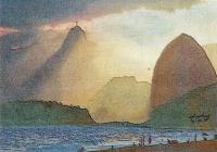 Christ The  Redeemer And Sugarloaf In The Sunset  Rj Brazil - Mixed Media Printmaking - By Anna Helena Fisher, Seascape Printmaking Artist