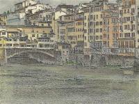 Ponte Vecchio And The Arno River Florence Italy - Mixed Media Drawings - By Anna Helena Fisher, Landscape Drawing Artist