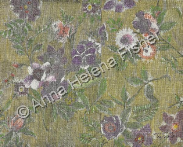 Flora - Violet Flowers On A Greenish Background - Mixed Media