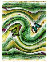 Green And Yellow Waves With Butterflies - Mixed Media Paintings - By Anna Helena Fisher, Decorative Painting Artist