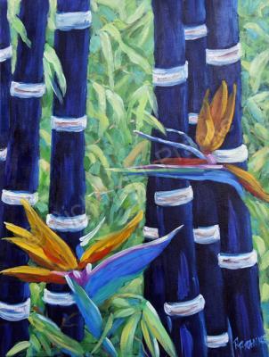 Art Sell Directly By The Artis - Abstract Bamboo And Birds Of Paradise 04 - Oil On Canvas