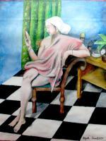 Woman In Dressing Room - Water Colour Paintings - By Sajith Puthukkudi Sooryakiran Bhrahaspathi, Impressionism Painting Artist