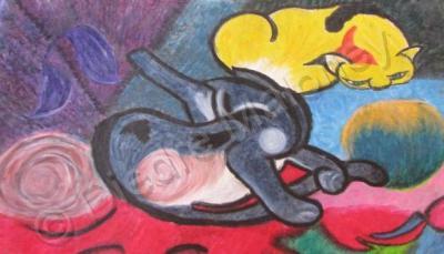 Acrylic Paintings - Oil Pastel Cats - Acrylic