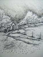 Old Shed In The Mountains - Ink Only Drawings - By Tom Rechsteiner, Realism Drawing Artist