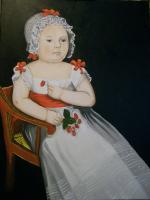 Baby In White Gown With Strawberries Haley - Oil On Stretched Canvas Paintings - By Robert Arsenault, Early American Folk Art Painting Artist