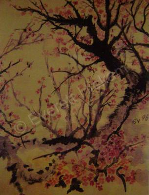 9X12 Inch Original - Old Tree On River Bank - Colored Ink