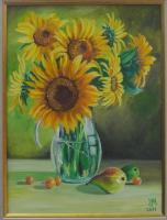 Still Life - Sunflowers In A Glass Jar - Oil On Canvas
