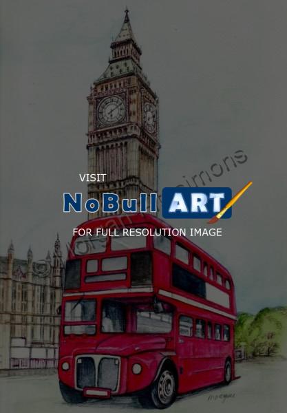 Landscape - London Bus And Big Ben - Watercolor