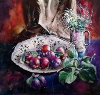 Plums - Watercolor Paintings - By Rostislav Shmakov, Realism Painting Artist