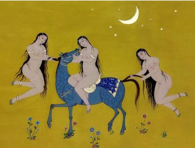 Esfahan Style - Genies And The Horse - Gouache And Goldsheet