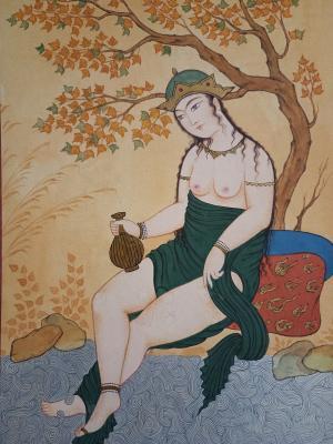 Esfahan Style - Safavid Princess In Autumn - Gouache And Goldsheet