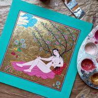 Esfahan Style - Young Lady In Spring Garden - Gouache And Goldsheet