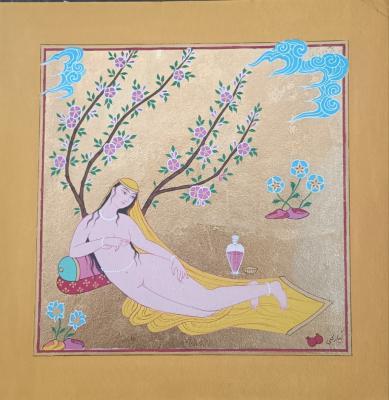 Esfahan Style - Persian Garden - Gouache And Goldsheet