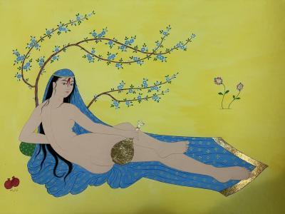 Esfahan Style - Persian Odalisque - Gouache And Goldsheet