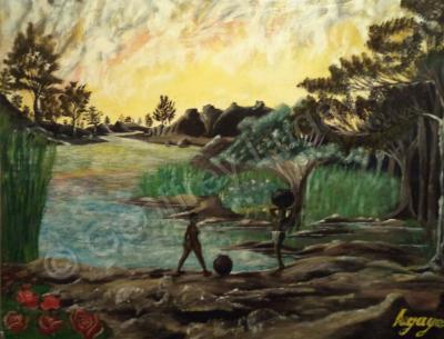 1997 - Two Girls On The River Nile - Oil Acrylic On Canvas