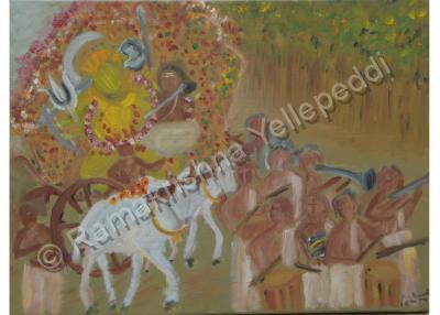 E Ramki - Procession Of A Village Deity - Oil On Sretched Canvas