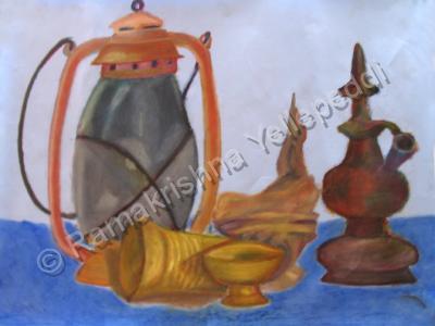 E Ramki - Still Life - Objects In My Garage - Oil Pastels On 160 Gsm Paper