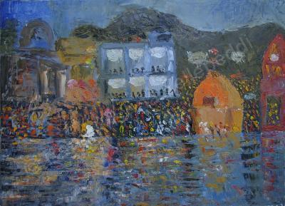 E Ramki - Ganga Aarti - Haridwar India - Oil On Stretched Canvas