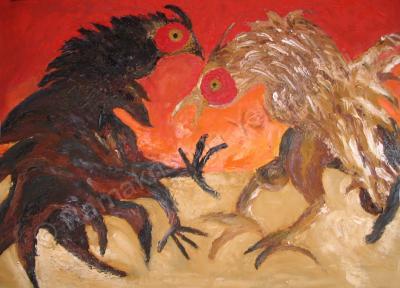 E Ramki - Pongal Cockfight In Rural India - Oil On Stretched Canvas