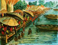 Bathing Ghats On The Ganges - Water Color On Handmade Paper Paintings - By Ramakrishna Yellepeddi, Contemporary Indian Art Painting Artist