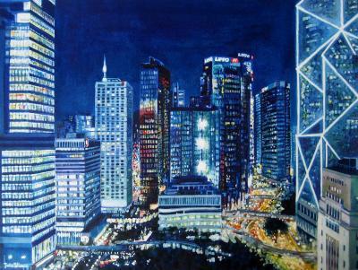 Cityscapes - Hong Kong Evening - View From Sevva - Watercolour And Ink