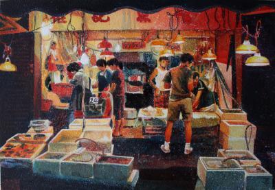 Cityscapes - Fishmonger Wet Market Central Hong Kong - Watercolour And Ink