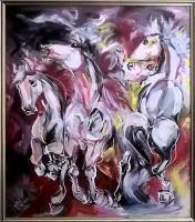 Horses - Oil On Panel Paintings - By M V, Expression Painting Artist