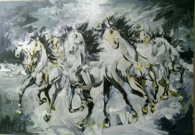 Animals - White Horses - Oil On Canvas