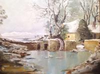 Landscape - Mill By The Frozen Pond - Oil On Canvasboard