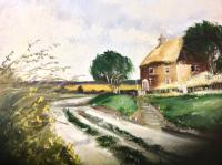 Thatched Roof Cottage On A Windy Day - Oil On Canvasboard Paintings - By Lanny Roff, Impressionism Painting Artist