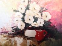 Still Life - Flowers And Red Milkjug - Oil On Canvasboard