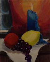 Candle Fruit And Frosty Windows At Night - Acrylics Paintings - By Lanny Roff, Impressionism Painting Artist