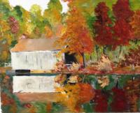 Covered Bridge In Autumn - Acrylics Paintings - By Lanny Roff, Impressionism Painting Artist