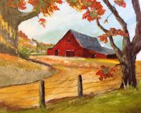 Red Barn In Autumn - Acrylics Paintings - By Lanny Roff, Impressionism Painting Artist