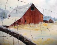 Barn Through The Fence - Acrylics Paintings - By Lanny Roff, Impressionism Painting Artist