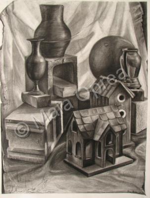 Still Life - Bird House - Charcoal On Paper