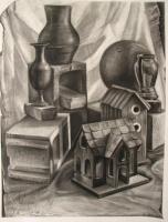 Still Life - Bird House - Charcoal On Paper