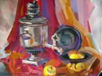 Samovar And Lemons - Tempera On Paper Paintings - By Maia Oprea, Impressionist Painting Artist