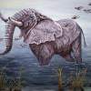 Old Elephant Bathing - Acrylic On Canvas Paintings - By Judy Kirouac, Realism Painting Artist