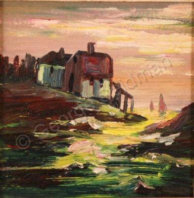 Coastal Settings - Boat And Houses On A Rough Sea - Oil