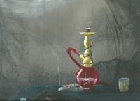 Hookah Red Glass And Gold Brass - Acrylic Paintings - By Drew Woerner, Whimsical Painting Artist